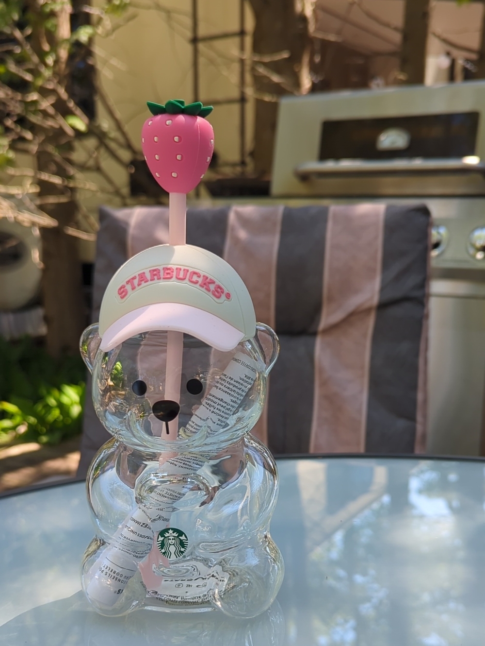 Starbucks Glass Bear Cup with Pink Strawberry Topper Brand New